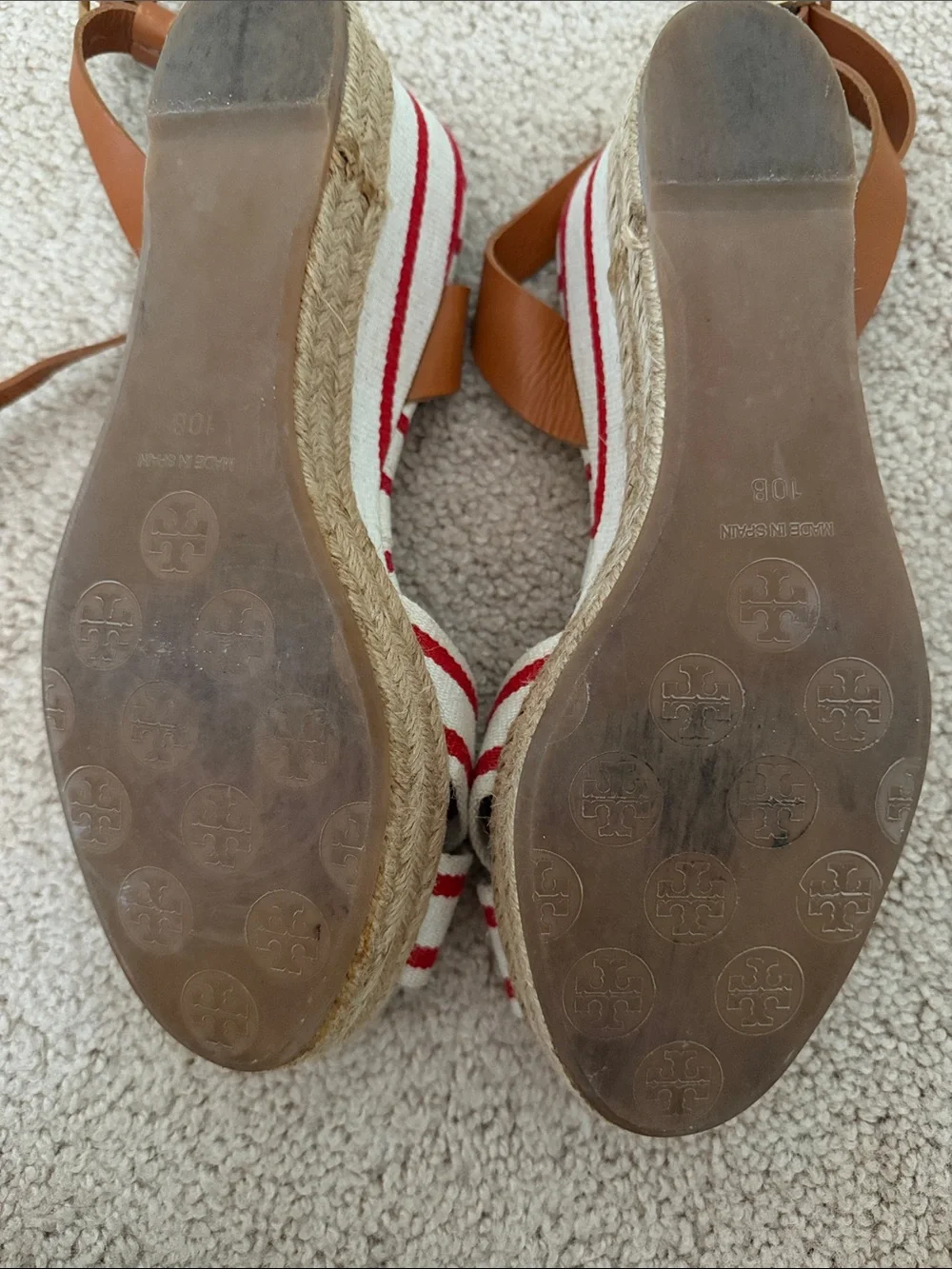 Tory Burch Red and White Striped Espadrille Wedge Sandals with Tan Ankle Strap